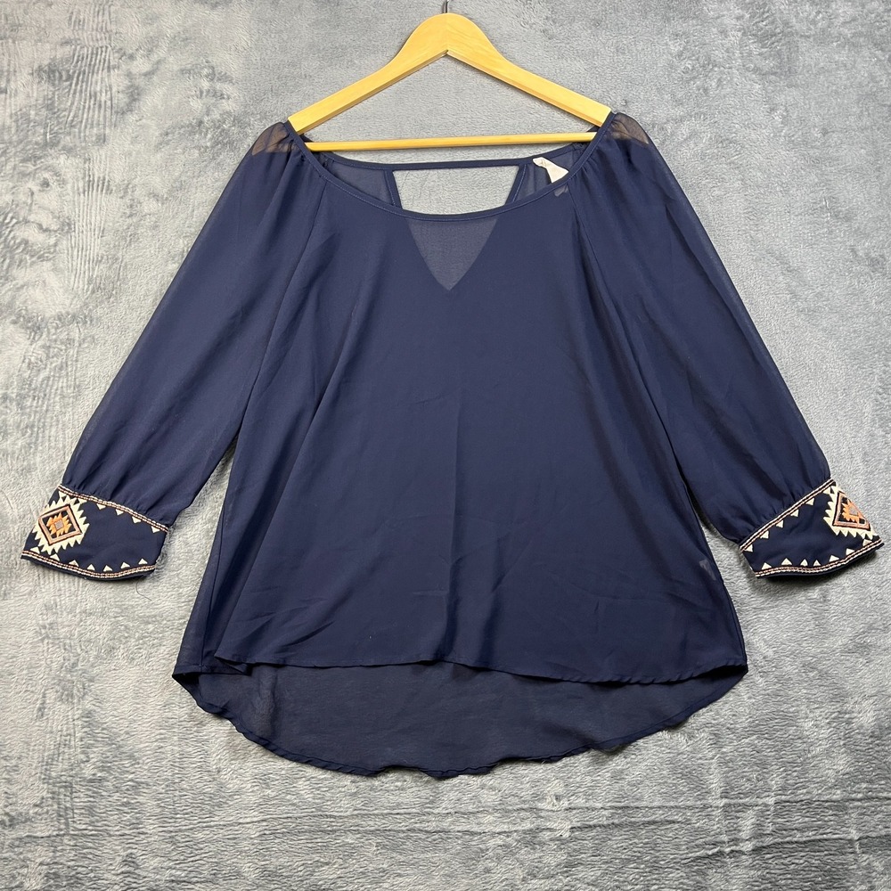 Sweet Journey Sheer Blouse Top Womens XL Blue Embroidered Boat Neck Cutout Back